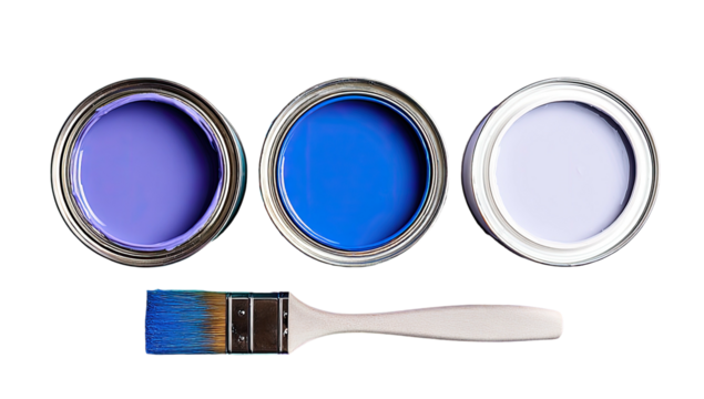 Three cans of blue paint with a brush