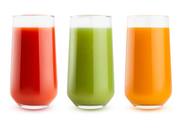 Fresh vegetable juices of different colors - orange, red, green in glasses, isolated. Set of three glasses. Healthy organic drinks for design detox diet menu, fitness beverage, vegetarian cuisine.