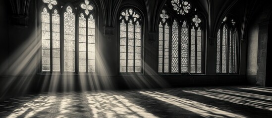 Dramatic light through gothic windows in an old cathedral hall