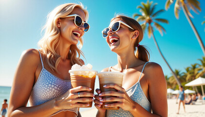Two young women drinking iced coffee on tropical beach, happy and carefree, enjoying summer vacation. Iced coffee refreshment with laughter and shared moments on exotic sand near ocean.