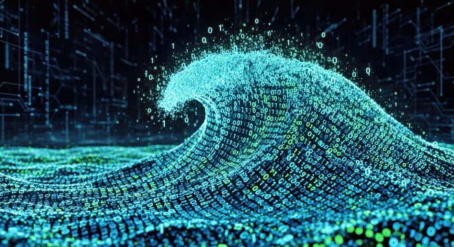 Binary Code Wave on Circuit Board With Glowing Cyber Data Stream