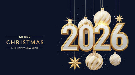 Elegant 2026 christmas and new year design with golden ornaments and typography on a dark blue background, perfect for festive greetings and celebrations a luxurious and sophisticated design