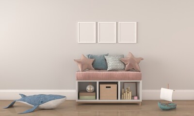 Adorable nautical themed kids room decor with whale pillow and sailboat toy for children's design...