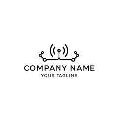 Minimalist logo with antenna and circuit board design.