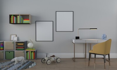 Stylish children's room with blank frames ready for your personalized artwork and playful decorative elements