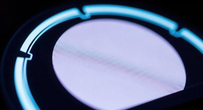 Abstract macro of a glowing circular tech interface with pixel texture, showing futuristic digital innovation.
