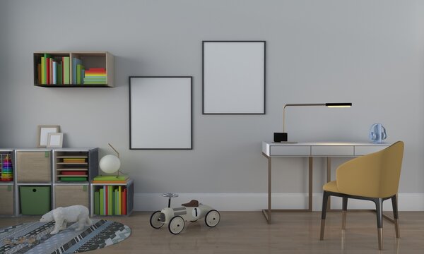 Stylish children's room with blank frames ready for your personalized artwork and playful decorative elements