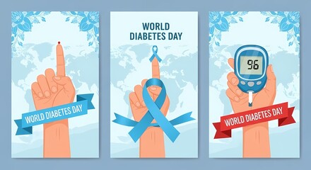 World diabetes day posters with hand and blood glucose meter on blue background