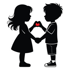 Silhouette of a boy and girl holding hands making a heart