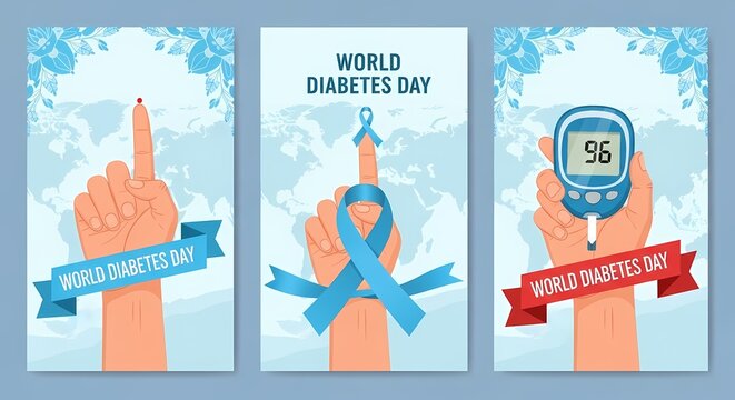 World diabetes day posters with hand and blood glucose meter on blue background
