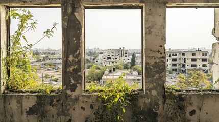 Urban Decay, Nature Reclaiming a War-Torn Cityscape Through Abandoned Building Windows