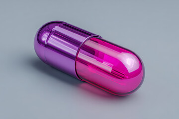 Shiny metallic capsule in vibrant purple and pink hues isolated on a smooth gray surface with reflective highlights and modern futuristic design