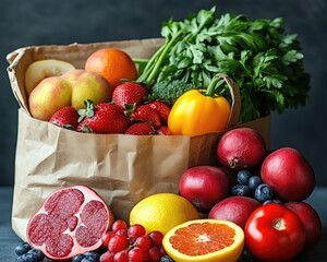 Colorful produce overflows from a brown paper bag on dark background. Show healthy eating habits for diet, lifestyle, nutrition concepts.