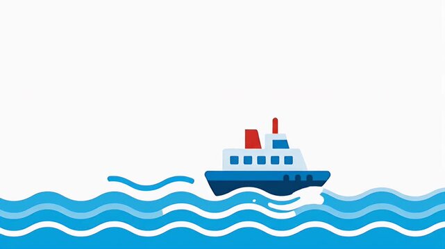 Animated cartoon ship sailing on stylized blue waves with white copy space background