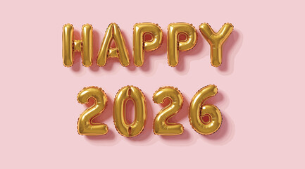 Celebrate the upcoming year with this cheerful image featuring golden balloon letters spelling out happy 2026 against a soft pink background, perfect for new years greetings and festive promotions