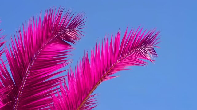 Vibrant pink palm fronds contrast a brilliant blue sky, creating a bold and sunny composition