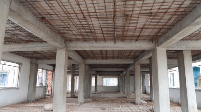 Formwork supports create a sturdy framework for the second floor of a monolithic building under construction. Workers prepare for the next stage in an evolving space