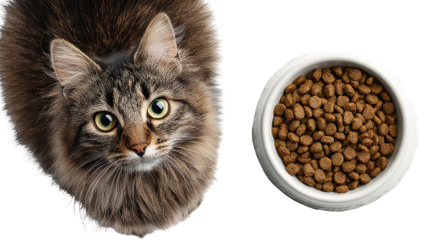 Cat stares at bowl of dry food, overhead, expectant