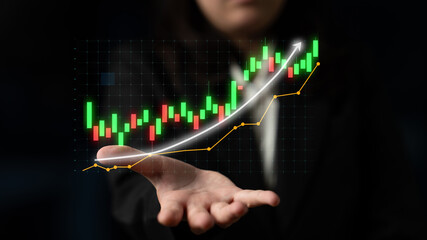 A professional presenting a financial growth chart with an upward trend against a dark background, highlighting investment potential and financial success strategies. Impute