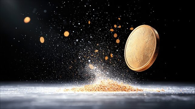 A single gold coin is captured in motion, hovering above a pile of dust and particles that are being kicked up around it.
