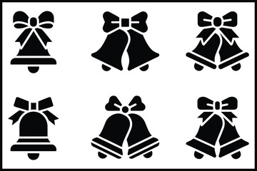 Christmas bells with bows vector icon set; festive holiday decor isolated on white background, Vector