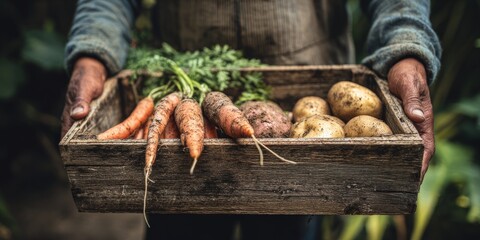 man with dirty hands holding wooden box of vegetables