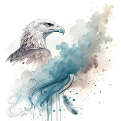 Watercolor Eagle Portrait with Abstract Blue Splash Effect