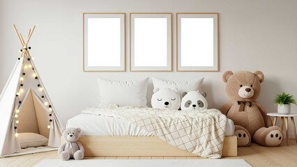 Cozy modern nursery with wooden bed, plush animal pillows, teepee with fairy lights, large teddy bear, blank wall frames, and soft neutral decor in a bright, serene space.