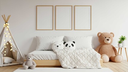 Cozy modern nursery with wooden bed, plush animal pillows, teepee with fairy lights, large teddy bear, blank wall frames, and soft neutral decor in a bright, serene space.