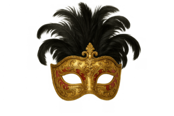 Ornate venetian carnival mask featuring gold and red details with black feathers on transparent background