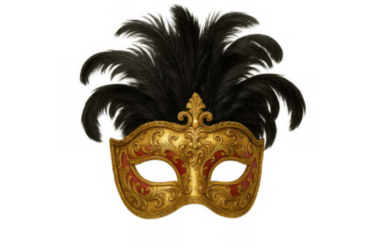 Ornate venetian carnival mask featuring gold and red details with black feathers on transparent background