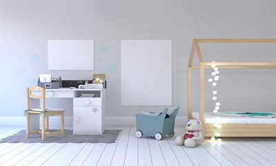 Fototapeta premium Charming nursery room with blank wall for art, cozy bed, and playful decor for children's space