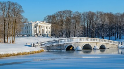 Majestic Winter Scenery, Orlov Bridge and Catherine Palace in Snow