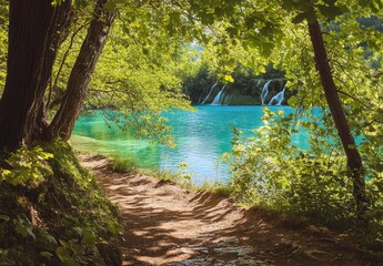Tranquil turquoise waters cascade through lush forest landscape