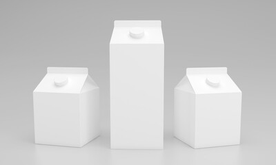 Three blank white carton boxes mockups for juice or milk ready for your branding and design needs today