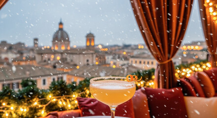 Festive cocktail with orange zest overlooking snowy Rome cityscape through a cozy, curtain-draped window, conveying warmth and winter charm.