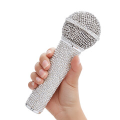 Hand holding rhinestone microphone png music png performance png karaoke png sparkle png singer png stage png audio png glam png party png transparent background image