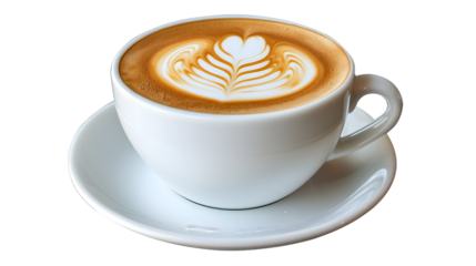 Latte art in a white ceramic cup on a saucer showcasing a delicate heart and leaf design against a perfect for coffee lovers