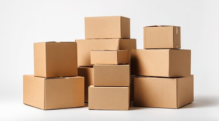 A collection of various sized cardboard boxes stacked and arranged against a plain white background.  The boxes are a light tan color and show the standard corrugated cardboard construction