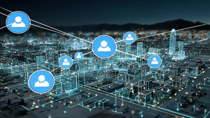 Futuristic cityscape with digital network connections showcasing people icons and urban skyline at night - Powered by Adobe