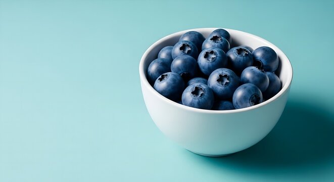 Fresh blueberries in a white bowl on a teal background