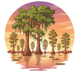 Detailed Cypress Tree in Swamp, Tranquil Bayou Sunset with Mossy Cypress Trees vector illustration
