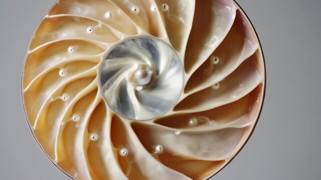 Nautilus Shell Cross Section Revealing Golden Ratio Spiral and Chambered Structure