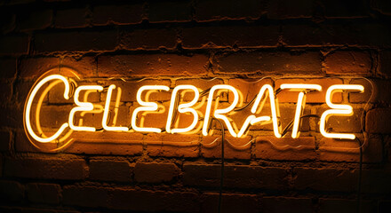 Warm Orange "Celebrate" Neon Sign on Dark Brick Wall.