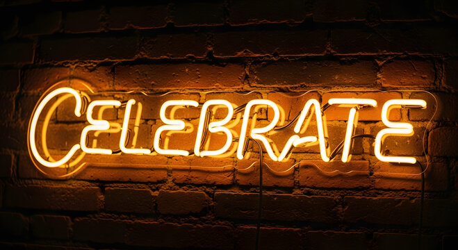 Warm Orange "Celebrate" Neon Sign on Dark Brick Wall.