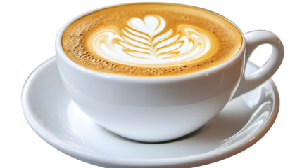 Closeup of a cappuccino with latte art in a white cup on a saucer against a showcasing coffee culture and beverage presentation