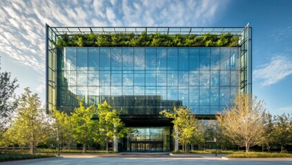 Modern office building with green rooftop garden reflecting sky