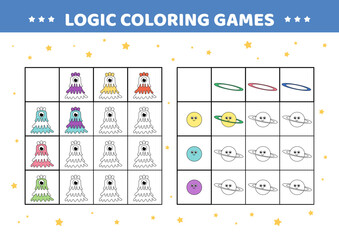 Logic coloring game with space pictures. Color in correct color. Activity for kids in kindergarten and preschool. Isolated vector illustration eps 10