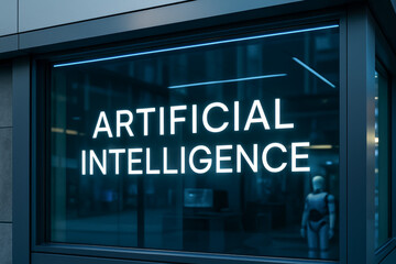 Artificial intelligence signage illuminated in modern urban environment