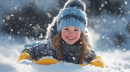 Smiling child playing in fresh snow wearing winter clothes and hat, enjoying outdoor fun and seasonal activities during a snowy day with soft falling flakes.